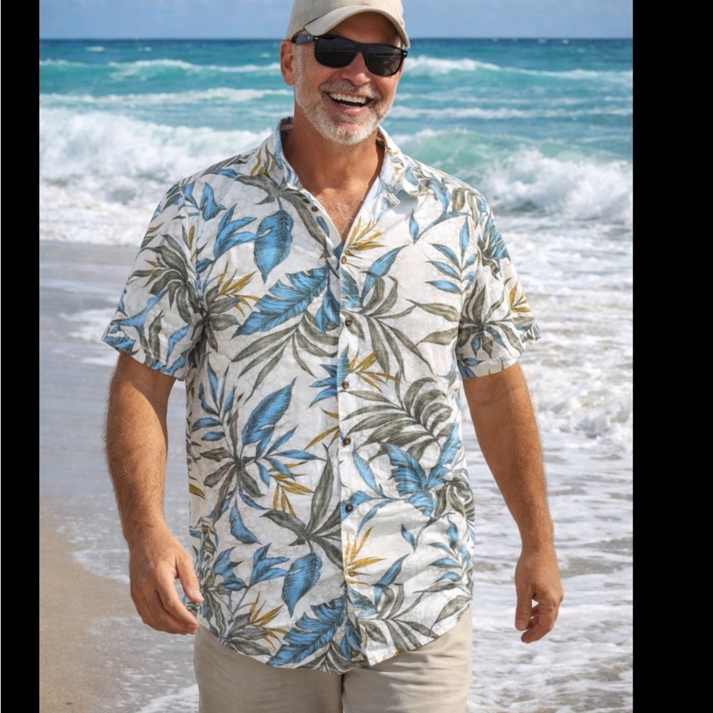 Margaritaville Blue and Gold Leaf Print Men's Shirt